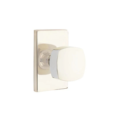 Emtek Freestone Knob with Modern Rectangular Rosette in Polished Nickel