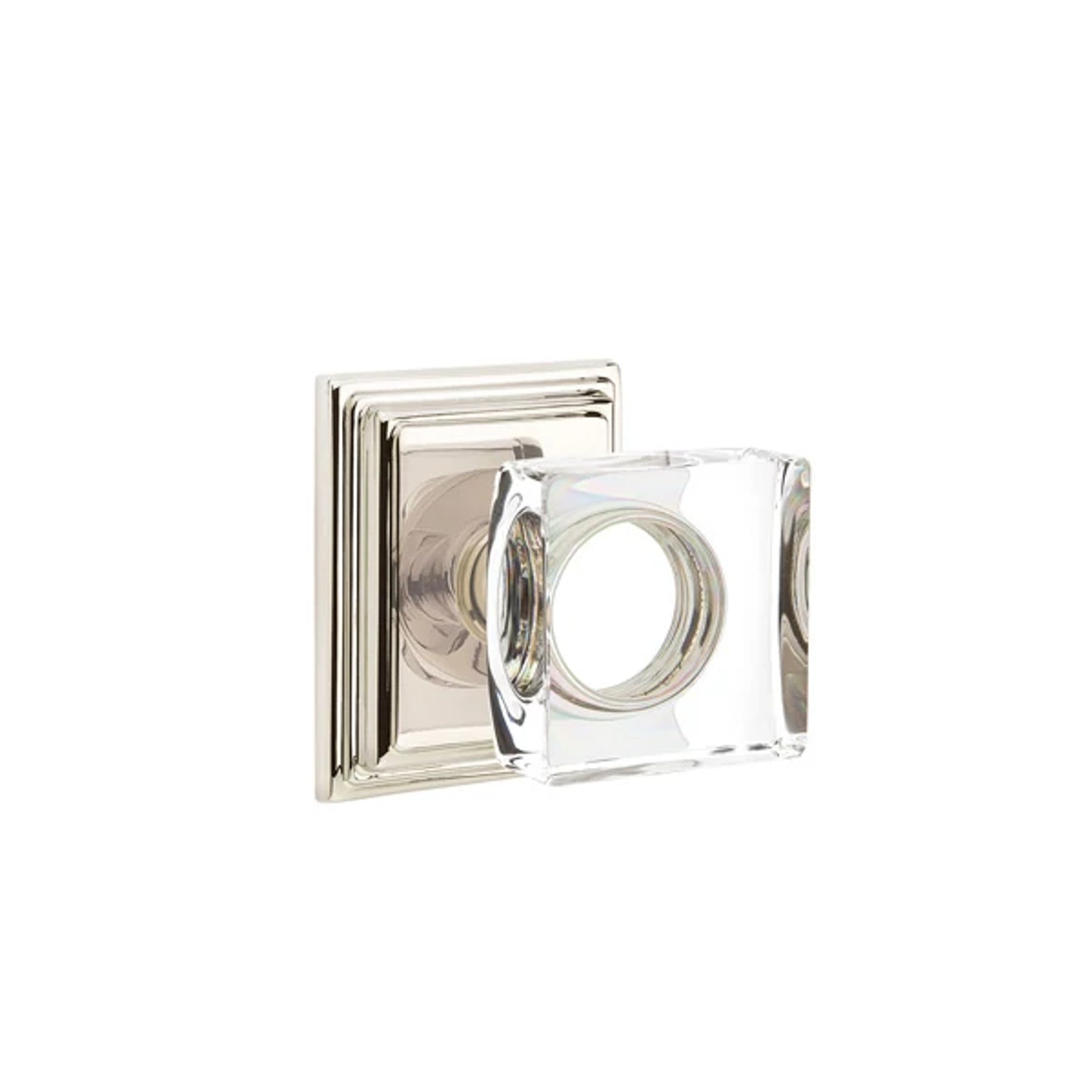Emtek Modern Square Glass Knob with Wilshire Rosette in Polished Nickel
