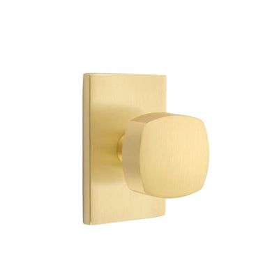 Emtek Freestone Knob with Modern Rectangular Rosette in Satin Brass