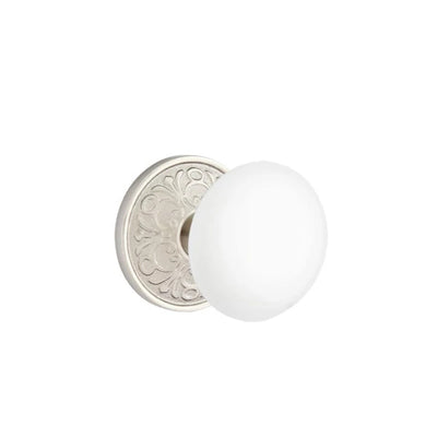 Emtek Ice White Knob with Lancaster Rosette in Satin Nickel