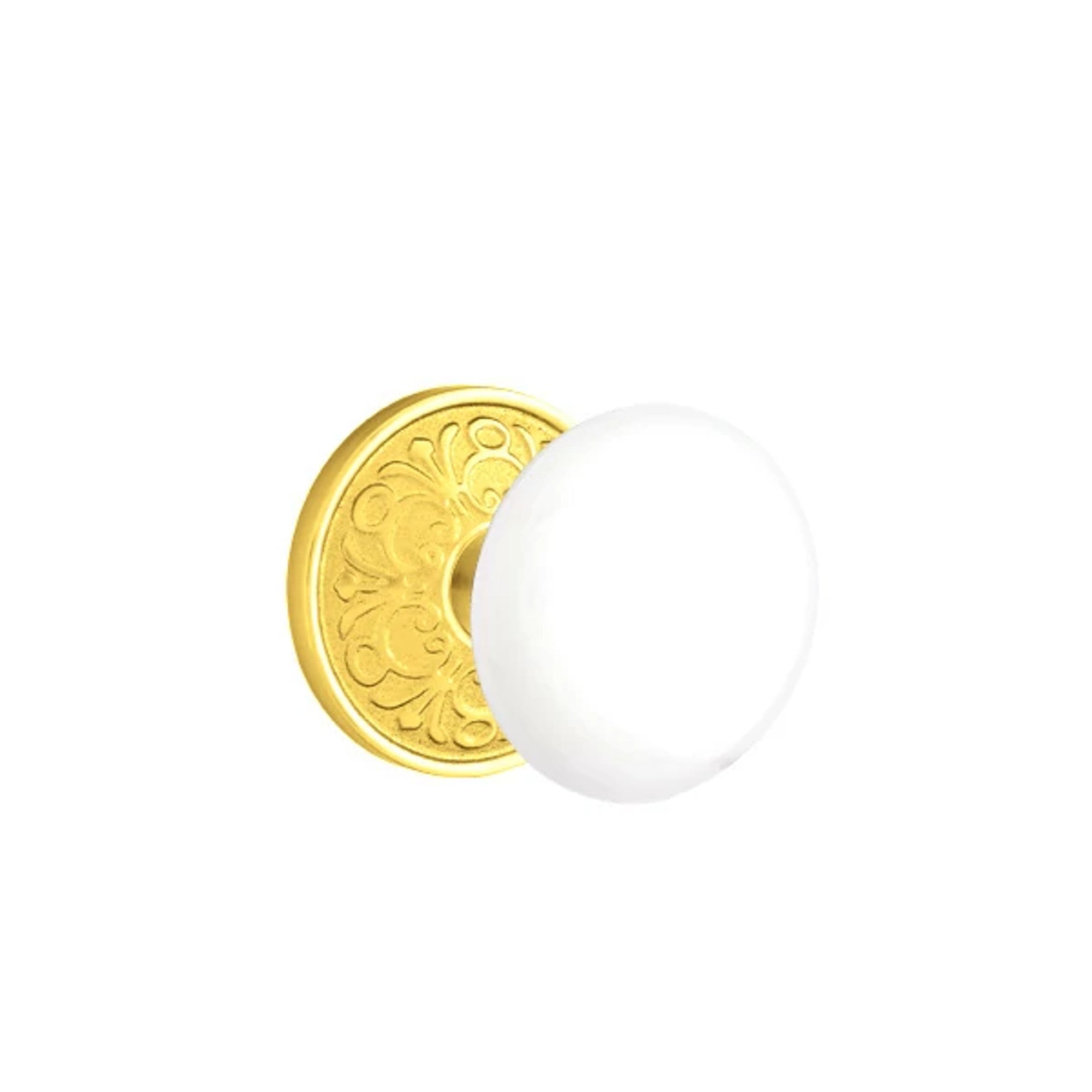 Emtek Ice White Knob with Lancaster Rosette in Polished Brass
