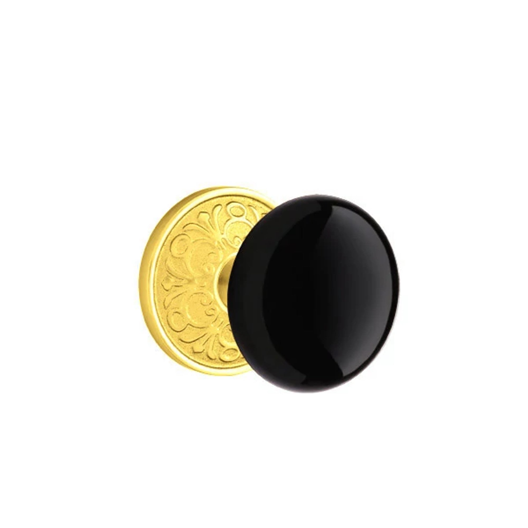 Emtek Ebony Knob with Lancaster Rosette in Polished Brass