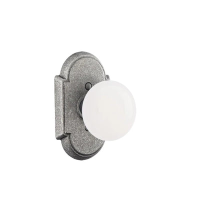 Emtek Madison Ivory Knob with #1 Rosette in Satin Steel