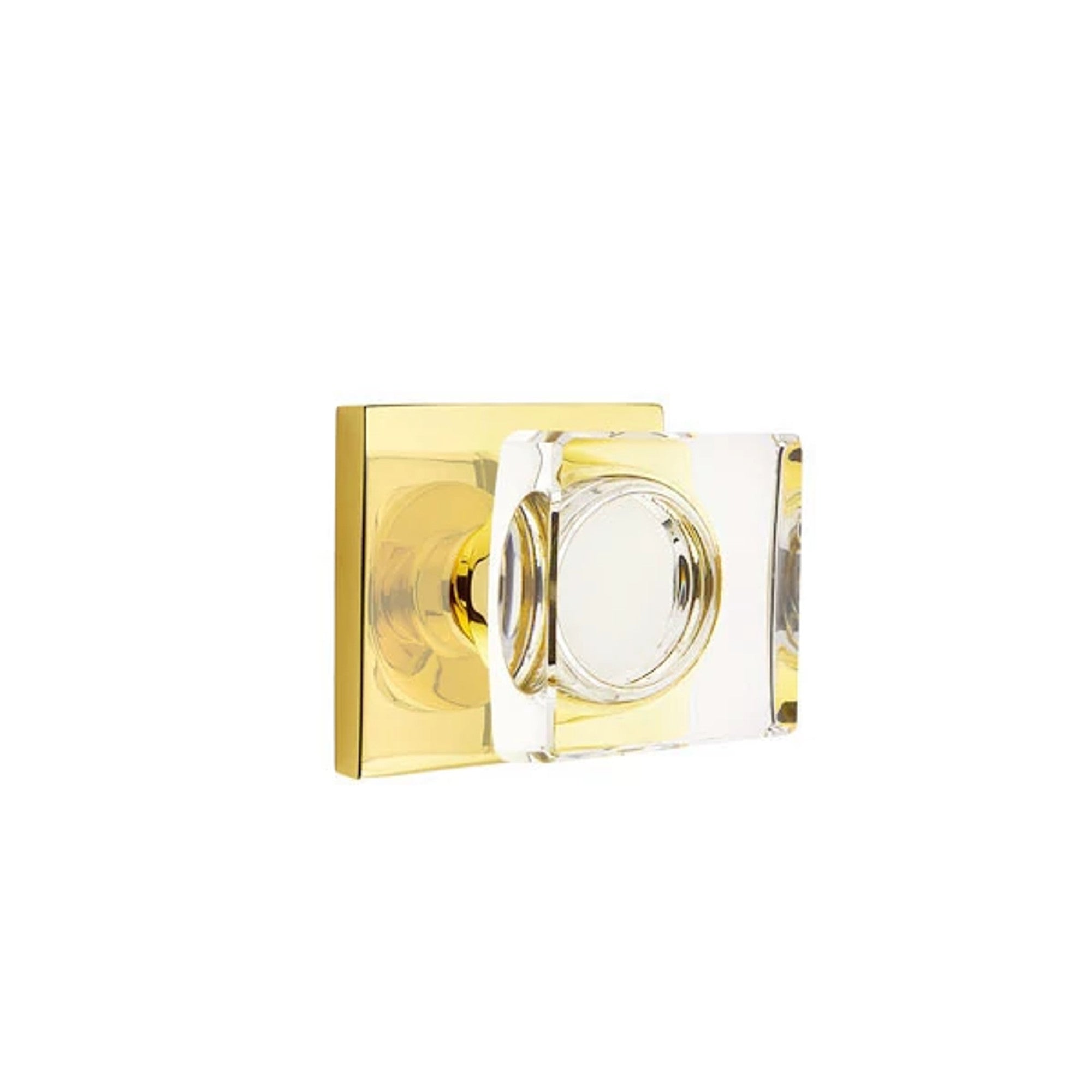 Emtek Modern Square Glass Knob with Square Rosette in Unlacquered Brass