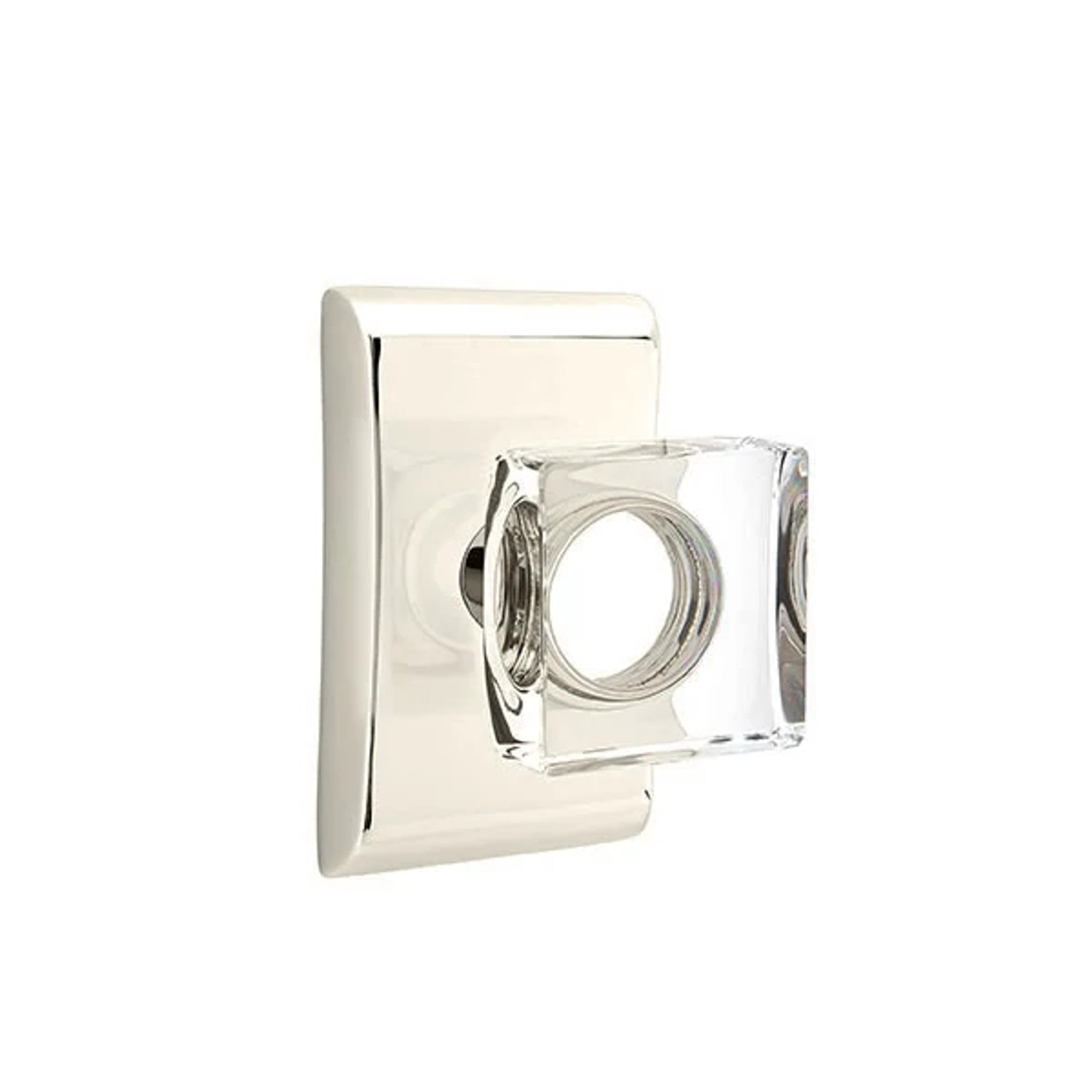 Emtek Modern Square Glass Knob with Neos Rosette in Polished Nickel