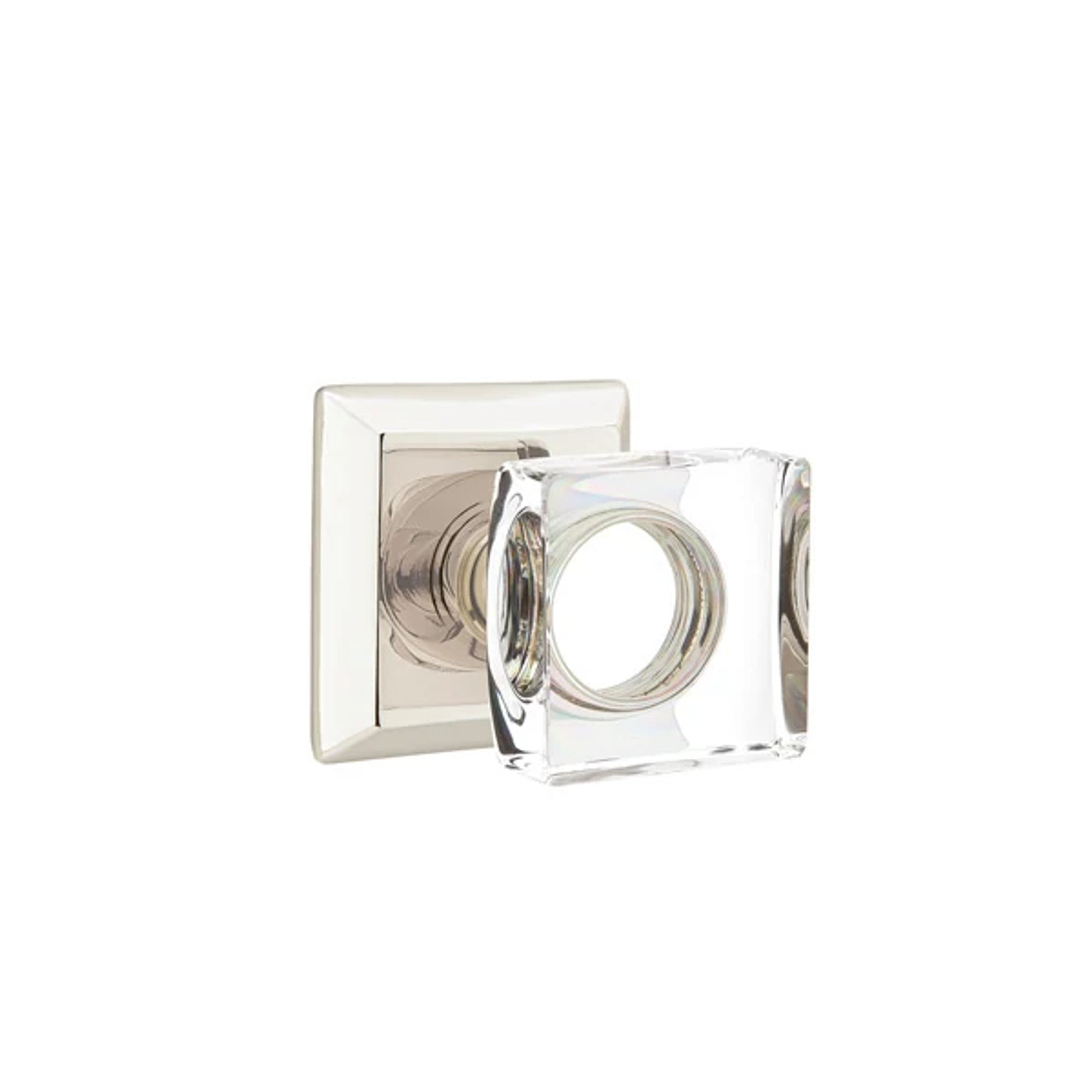 Emtek Modern Square Glass Knob with Quincy Rosette in Polished Nickel
