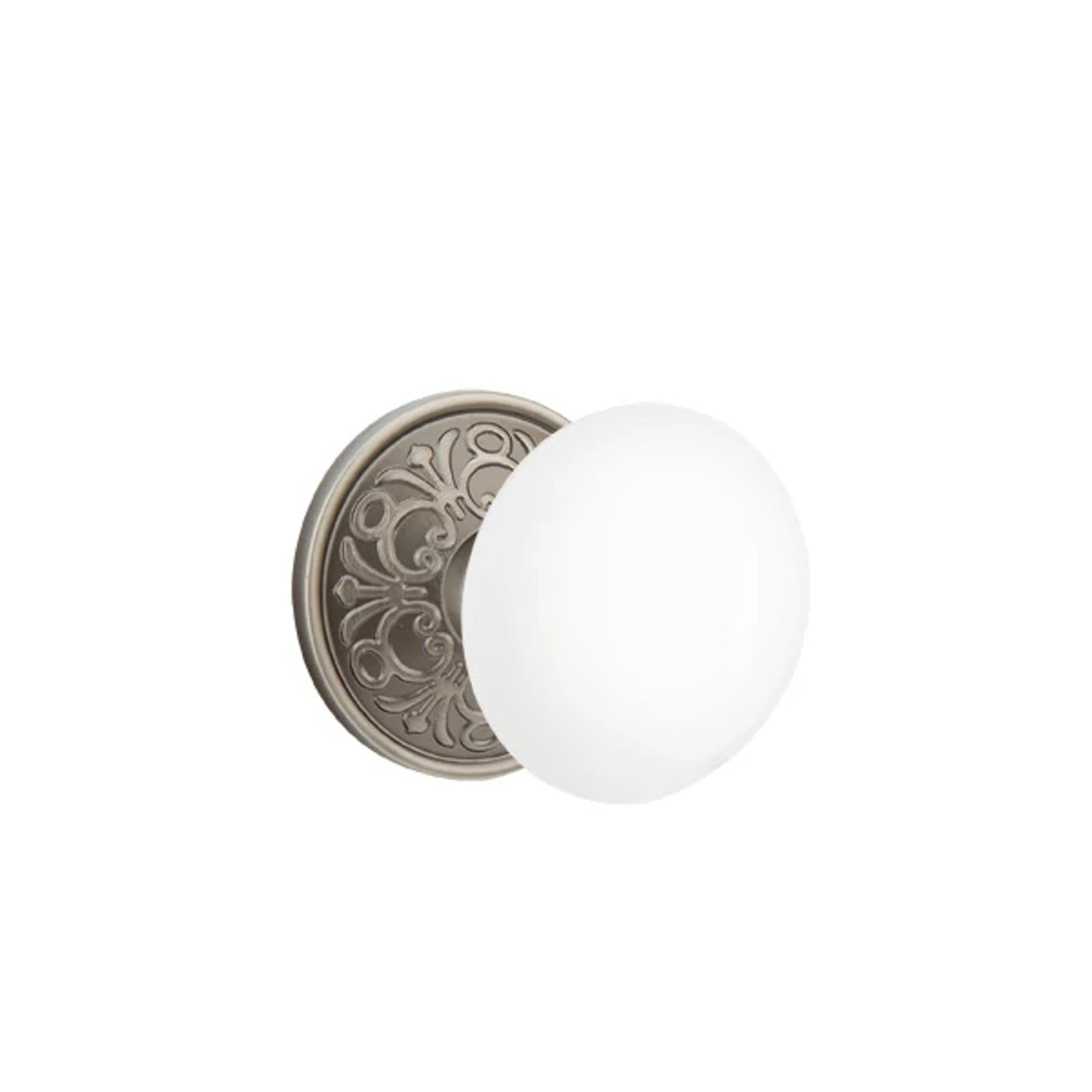 Emtek Ice White Knob with Lancaster Rosette in Pewter