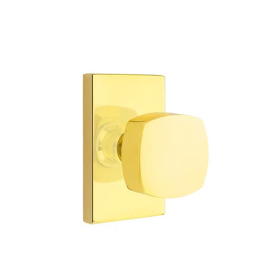 Emtek Freestone Knob with Modern Rectangular Rosette in Unlacquered Brass