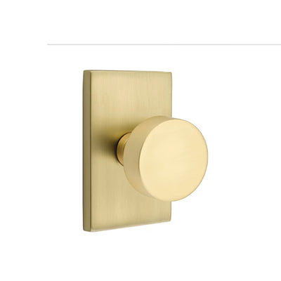 Emtek Round Knob with Modern Rectangular Rosette in Satin Brass