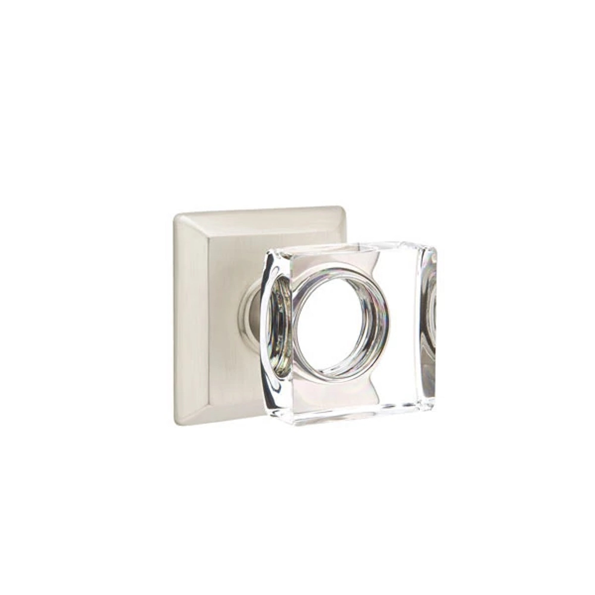 Emtek Modern Square Glass Knob with Quincy Rosette in Satin Nickel