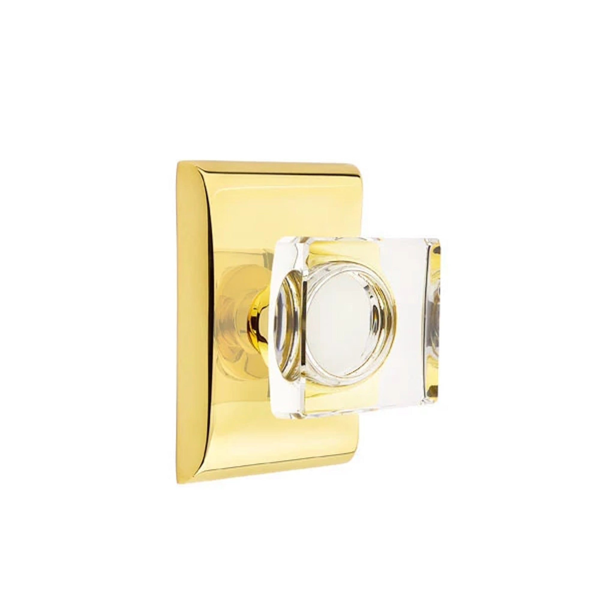 Emtek Modern Square Glass Knob with Neos Rosette in Unlacquered Brass
