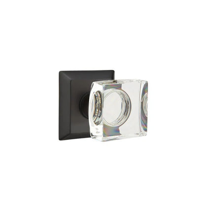 Emtek Modern Square Glass Knob with Quincy Rosette in Flat Black