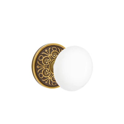 Emtek Ice White Knob with Lancaster Rosette in French Antique