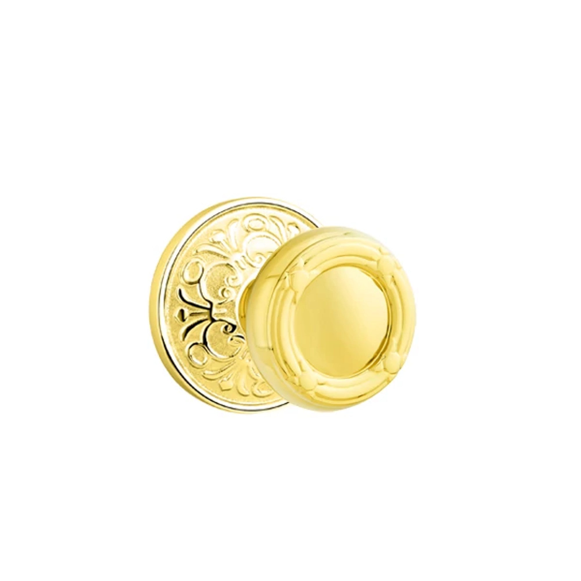 Emtek Ribbon & Reed Knob with Lancaster Rosette in Unlacquered Brass