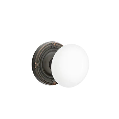Emtek Ice White Knob with Ribbon & Reed Rosette in Oil Rubbed Bronze