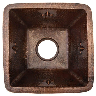 15‚Ä≥ Square Hammered Copper Bar/Prep Sink w/ Fleur De Lis and 2‚Ä≥ Drain Opening - Hardware by Design