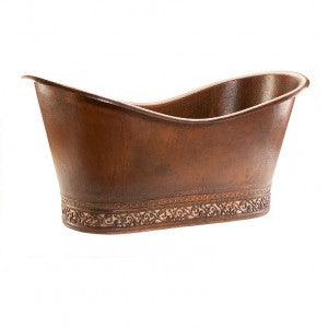 67‚Ä≥ Hammered Copper Double Slipper Bathtub with Scroll Base and Nickel Inlay