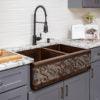 33‚Ä≥ Hammered Copper Apron Front 60/40 Double Basin Kitchen Sink w/ Scroll Design and Apron Front Nickel Background - Hardware by Design