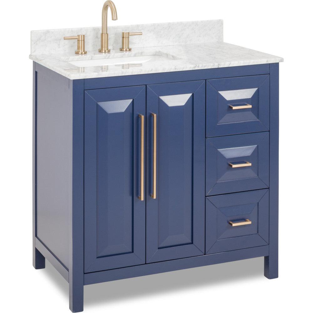 Hardware Resources VN-CAD-36-BL-WC **LIMITED EDITION** <br> 36" Hale Blue vanity with Satin Bronze hardware, clean modern lines, and preassembled Carrara Marble top and rectangular bowl.