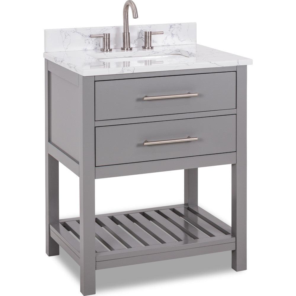 Hardware Resources VN-WAV-30-GR-EC 30" vanity with Grey finish, Satin Nickel hardware, crisp lines, a slatted bottom shelf, and preassembled Carrara-look Engineered Marble top and rectangular bowl.