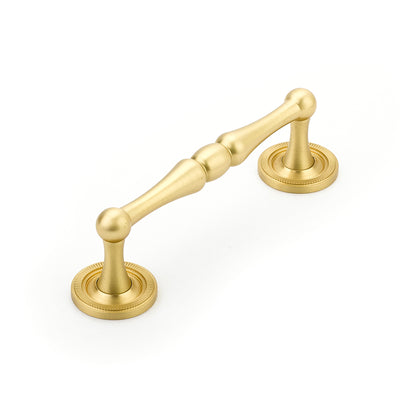 Schaub Atherton 4" C-C Pull, Knurled Footplate in Satin Brass