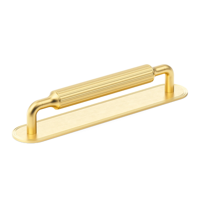 Armac Martin Barwick Ridged Cabinet Pull Handle with Backplate in 128mm / Satin Brass Lacquered