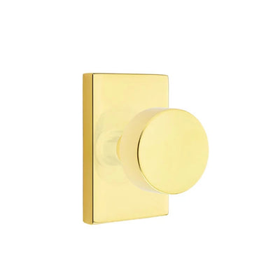 Emtek Round Knob with Modern Rectangular Rosette in Unlacquered Brass