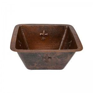 15″ Square Hammered Copper Bar/Prep Sink w/ Fleur De Lis and 2″ Drain Opening