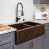 33‚Ä≥ Hammered Copper Apron Front 60/40 Double Basin Kitchen Sink w/ Scroll Design - Hardware by Design