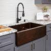 33″ Hammered Copper Apron Front 70/30 Double Basin Kitchen Sink with Short 5″ Divider - Hardware by Design