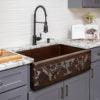 33‚Ä≥ Hammered Copper Apron Front Single Basin Kitchen Sink w/ Vineyard Design and Apron Front Nickel Background - Hardware by Design