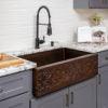 33″ Hammered Copper Apron Front Single Basin Kitchen Sink w/ Scroll Design - Hardware by Design
