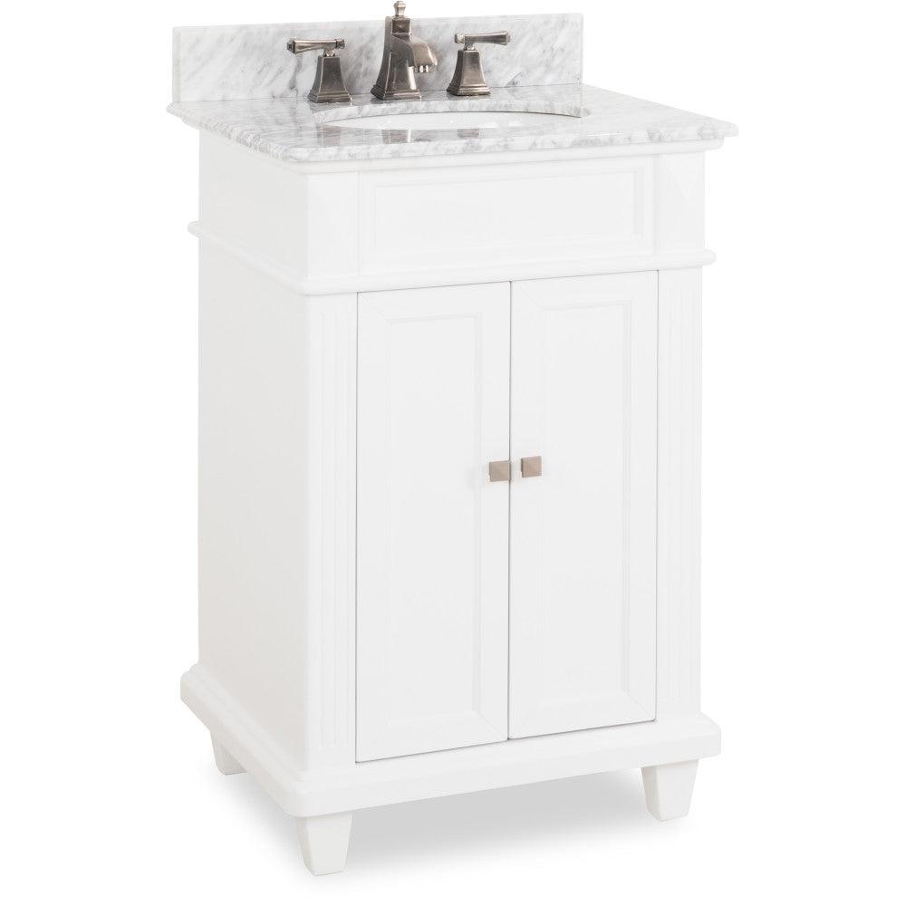 Hardware Resources VAN094-T-MW 24" White vanity with Satin Nickel hardware, clean lines, tapered feet, and preassembled Carrara Marble top and oval bowl.