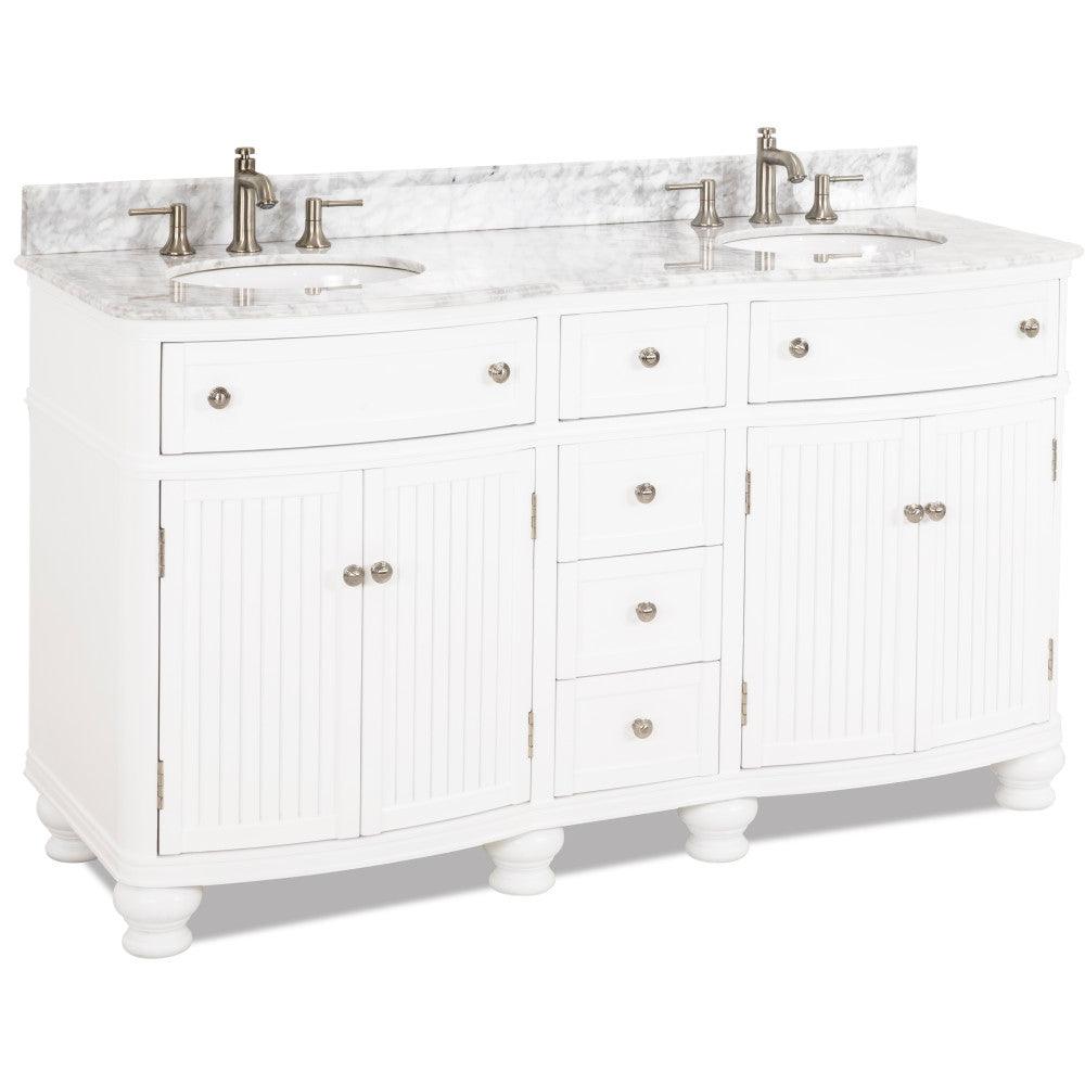 Hardware Resources VAN106D-60-T-MW 60-1/2" double White vanity with Satin Nickel hardware, bead board doors, curved front, and preassembled Carrara Marble top and 2 oval bowls.