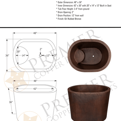 48" Hammered Copper Oval Japanese Soaking Tub - Hardware by Design